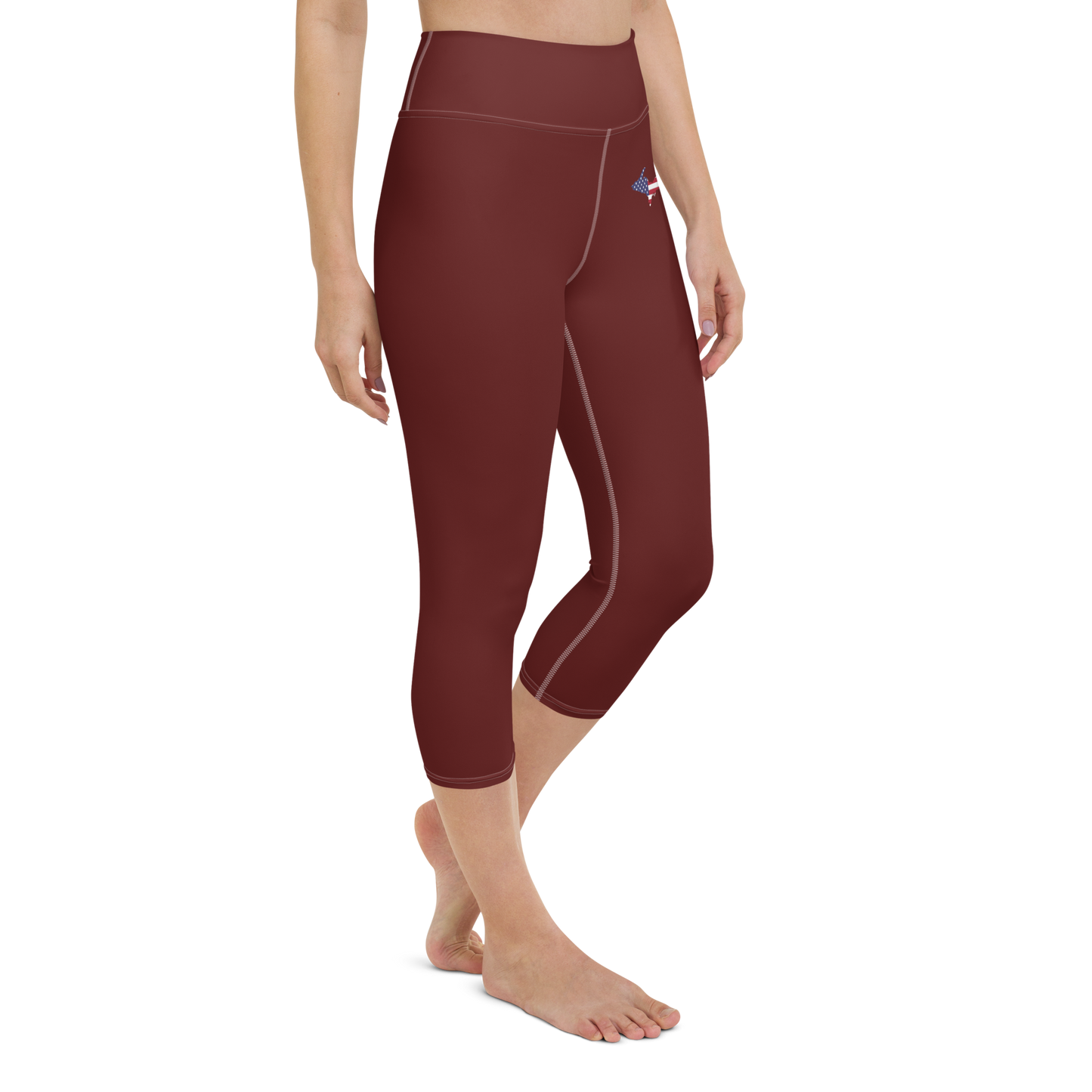 Michigan Upper Peninsula Yoga Capri Leggings (w/ UP USA Flag) | Cherrywood Color