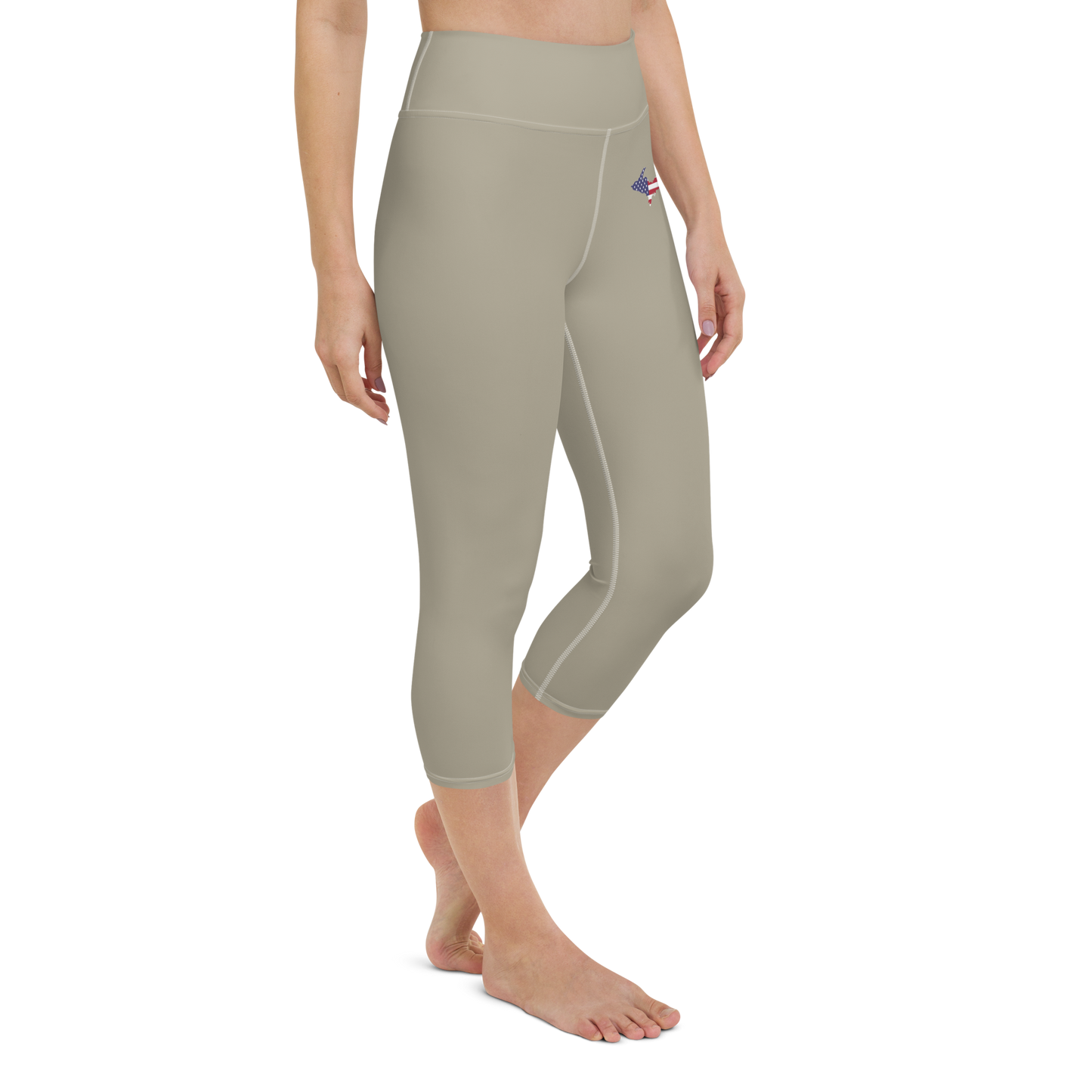 Michigan Upper Peninsula Yoga Capri Leggings (w/ UP USA Flag) | Petoskey Stone Beige