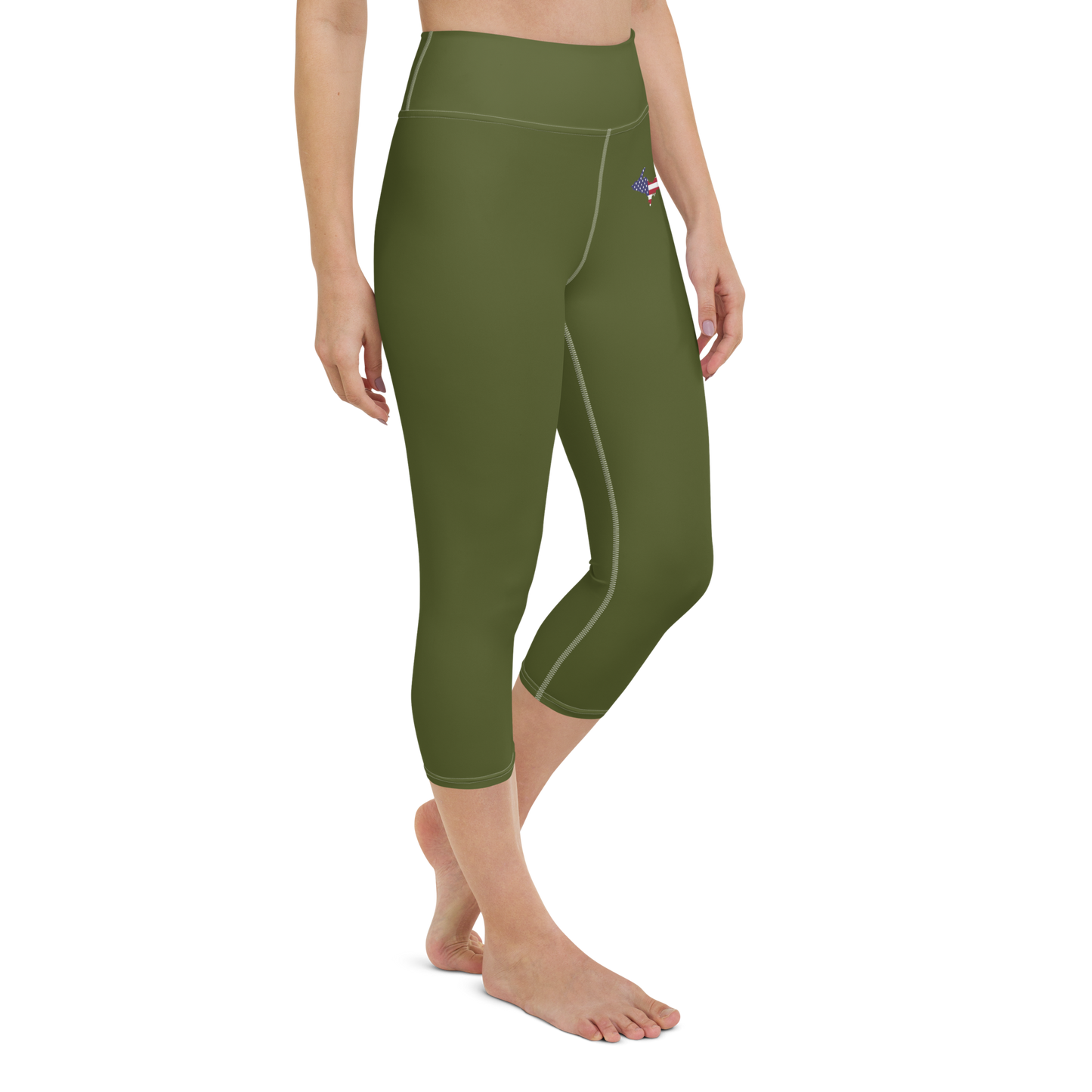 Michigan Upper Peninsula Yoga Capri Leggings (w/ UP USA Flag) | Army Green