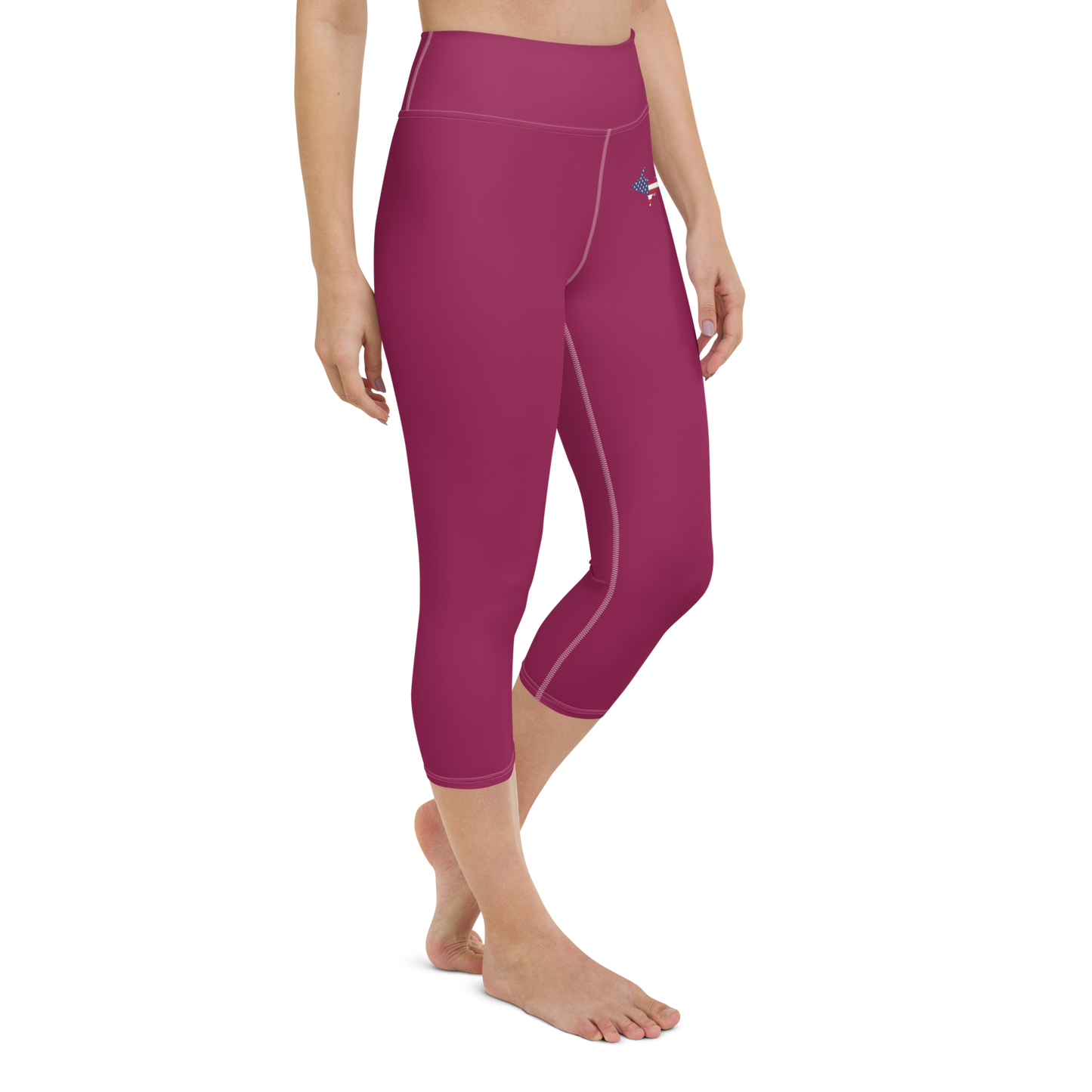 Michigan Upper Peninsula Yoga Capri Leggings (w/ UP USA Flag) | Ruby Red