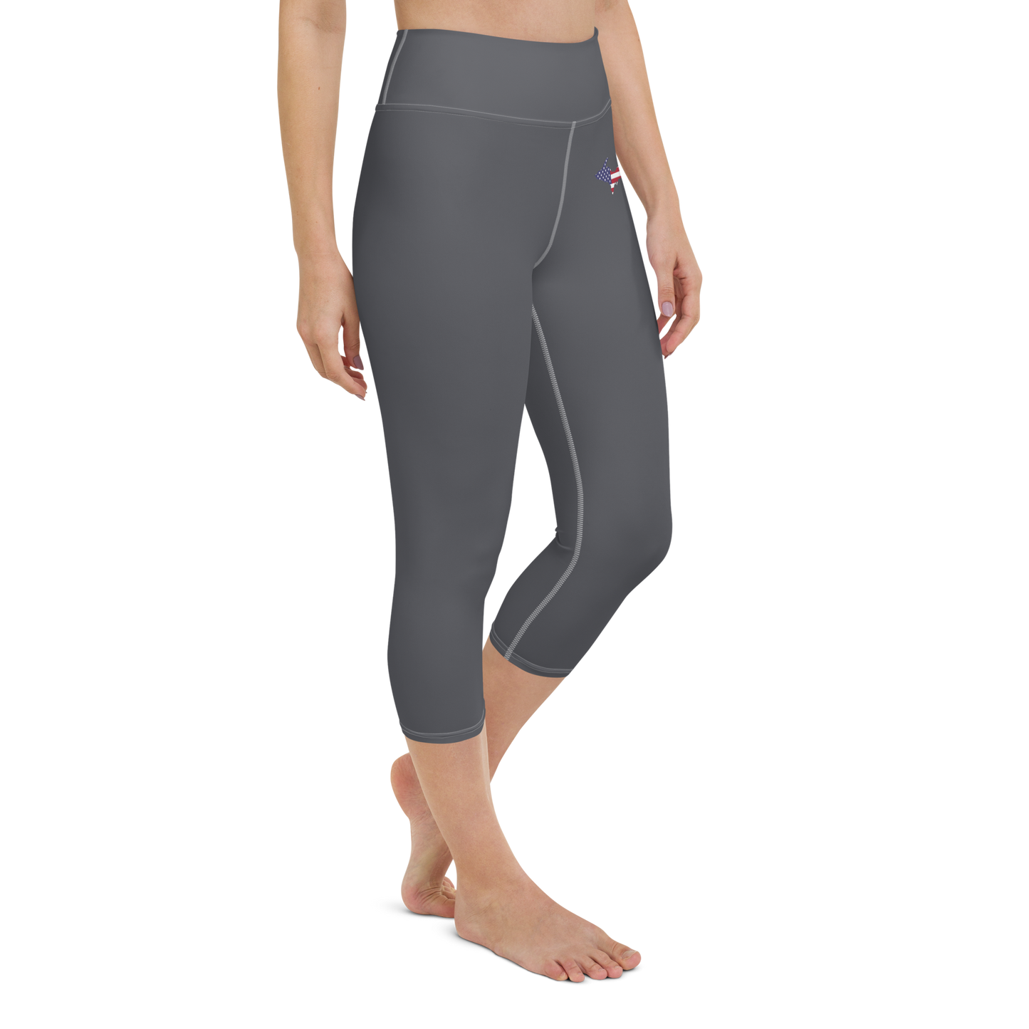 Michigan Upper Peninsula Yoga Capri Leggings (w/ UP USA Flag) | Iron Ore Grey