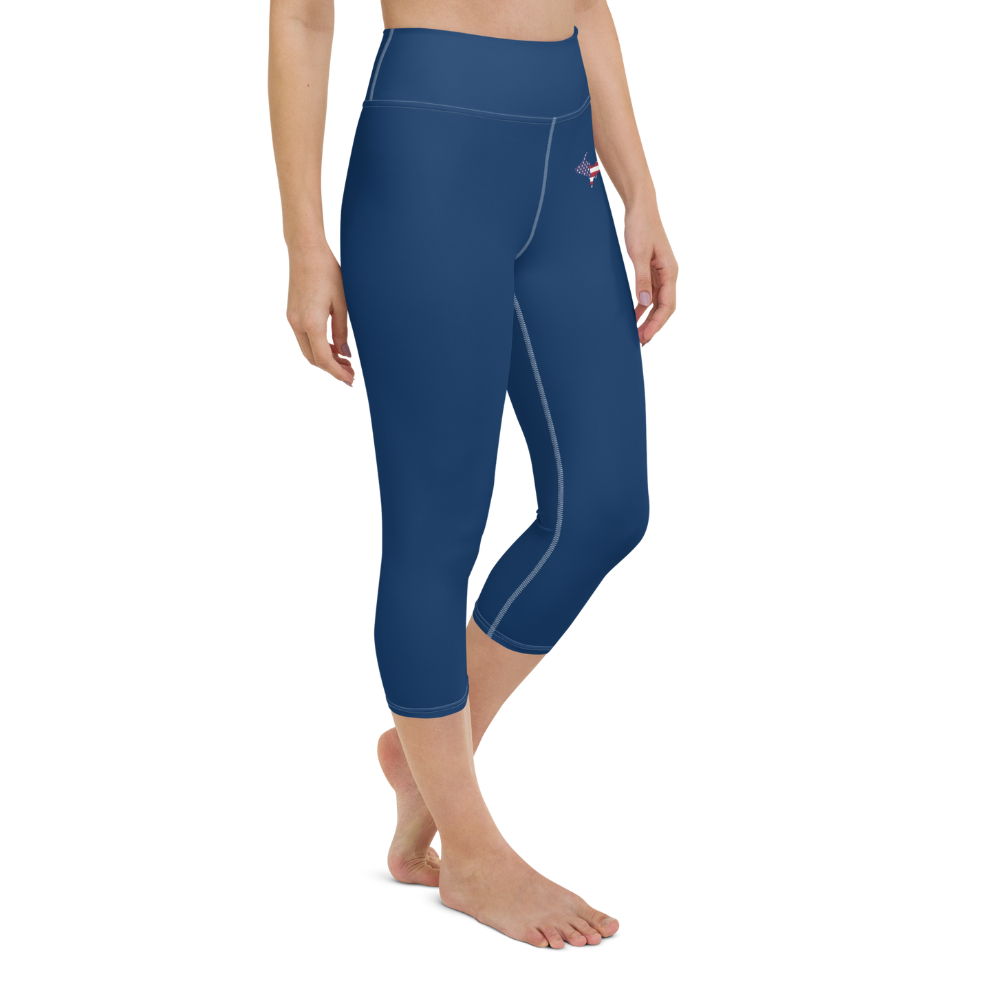 Michigan Upper Peninsula Yoga Capri Leggings (w/ UP USA Flag) | Old Glory Blue