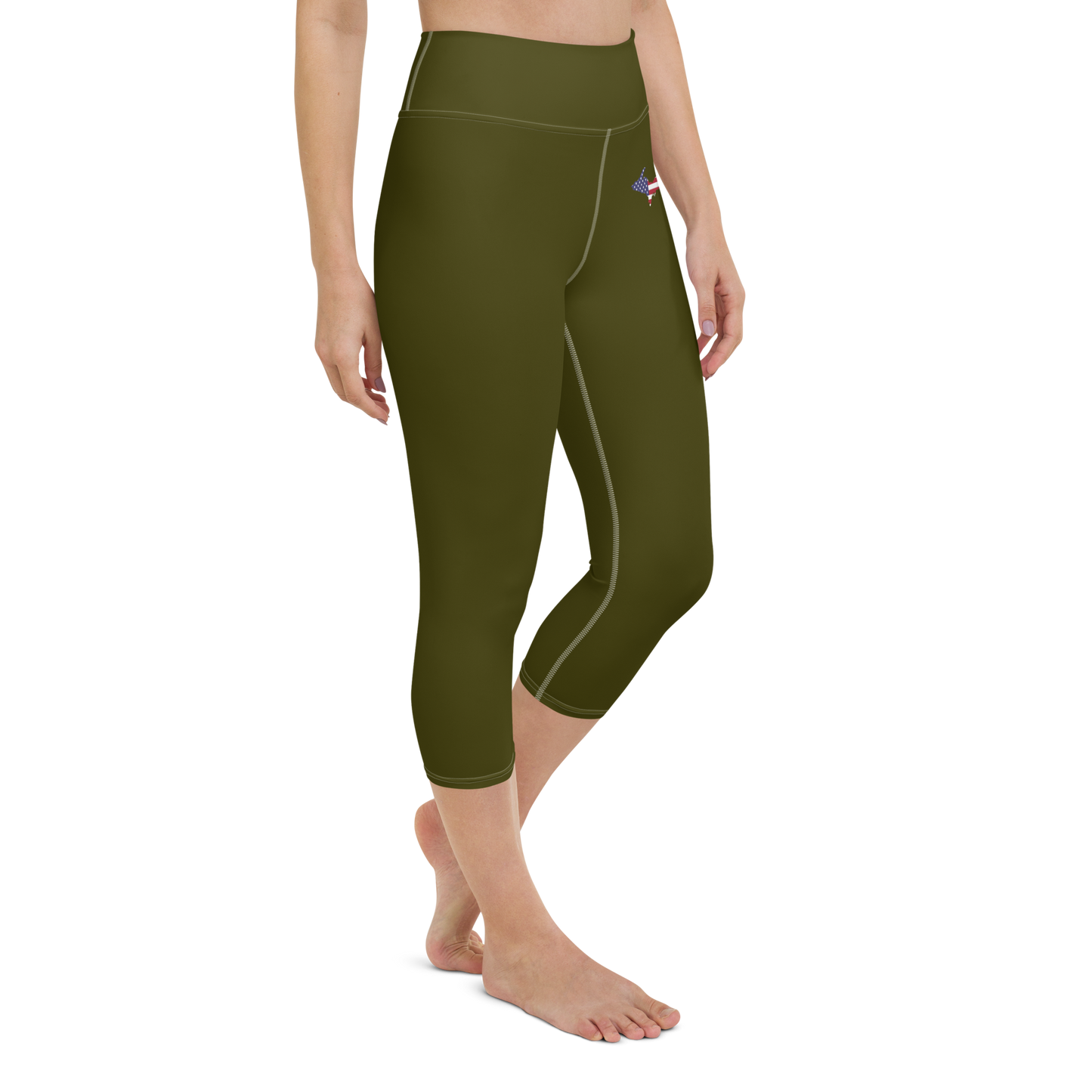 Michigan Upper Peninsula Yoga Capri Leggings (w/ UP USA Flag) | Military Green