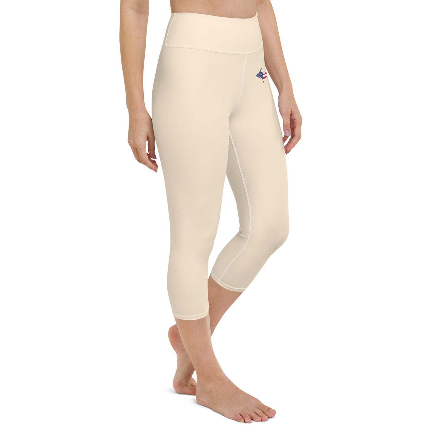 Michigan Upper Peninsula Yoga Capri Leggings (w/ UP USA Flag) | Champagne White