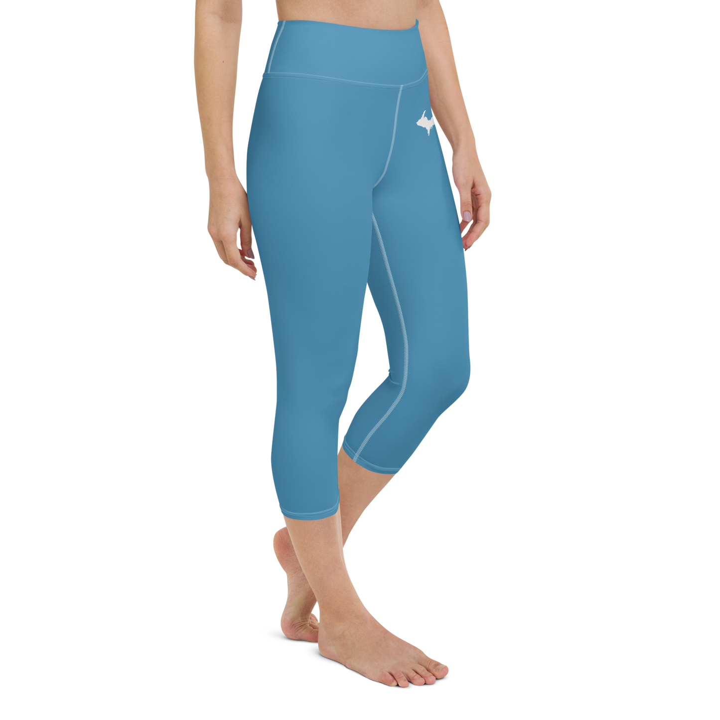 Michigan Upper Peninsula Yoga Capri Leggings (w/ UP Outline) | Lake Michigan Blue