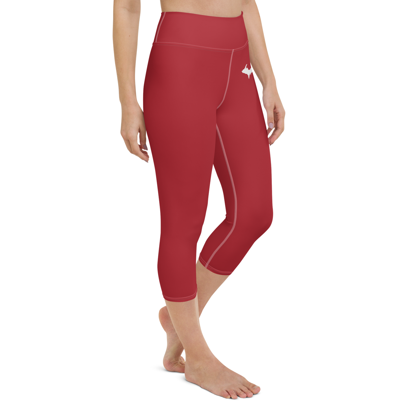 Michigan Upper Peninsula Yoga Capri Leggings (w/ UP Outline) | Thimbleberry Red