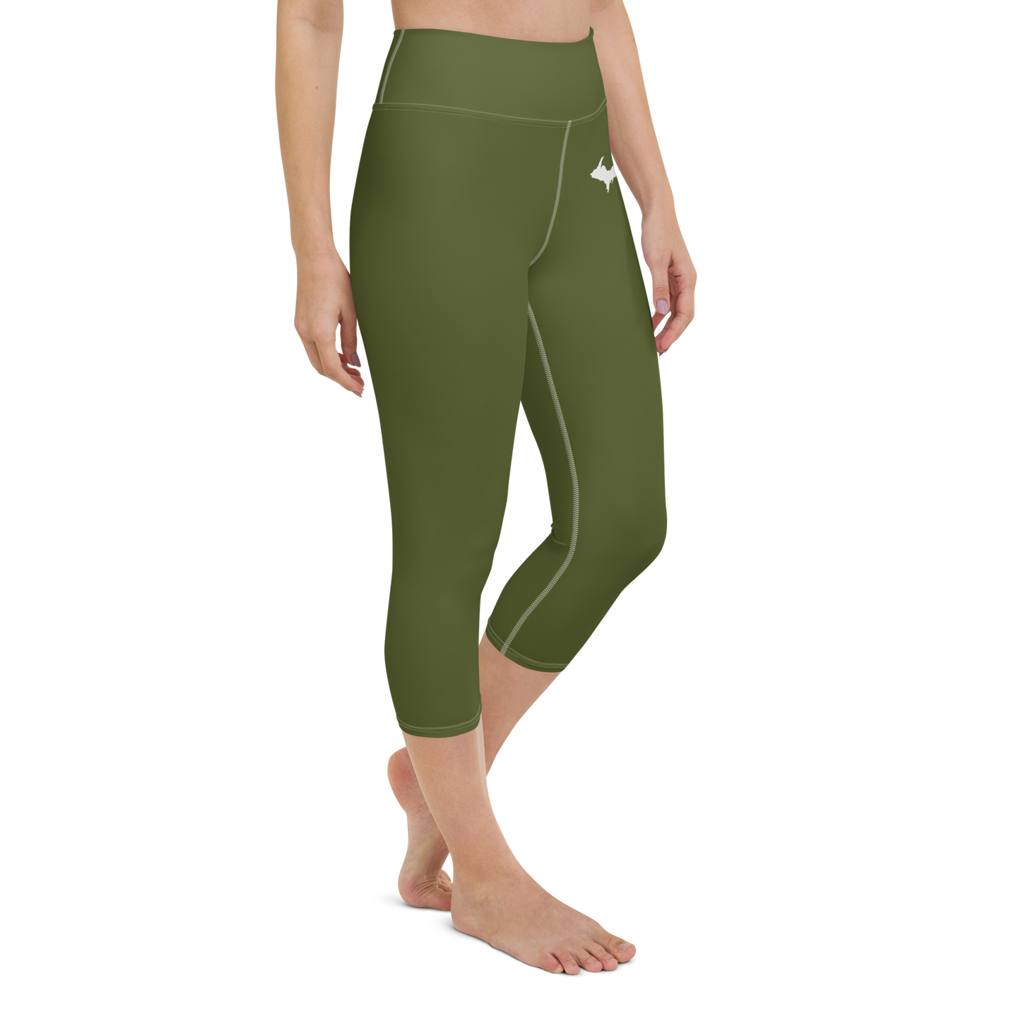 Michigan Upper Peninsula Yoga Capri Leggings (w/ UP Outline) | Army Green