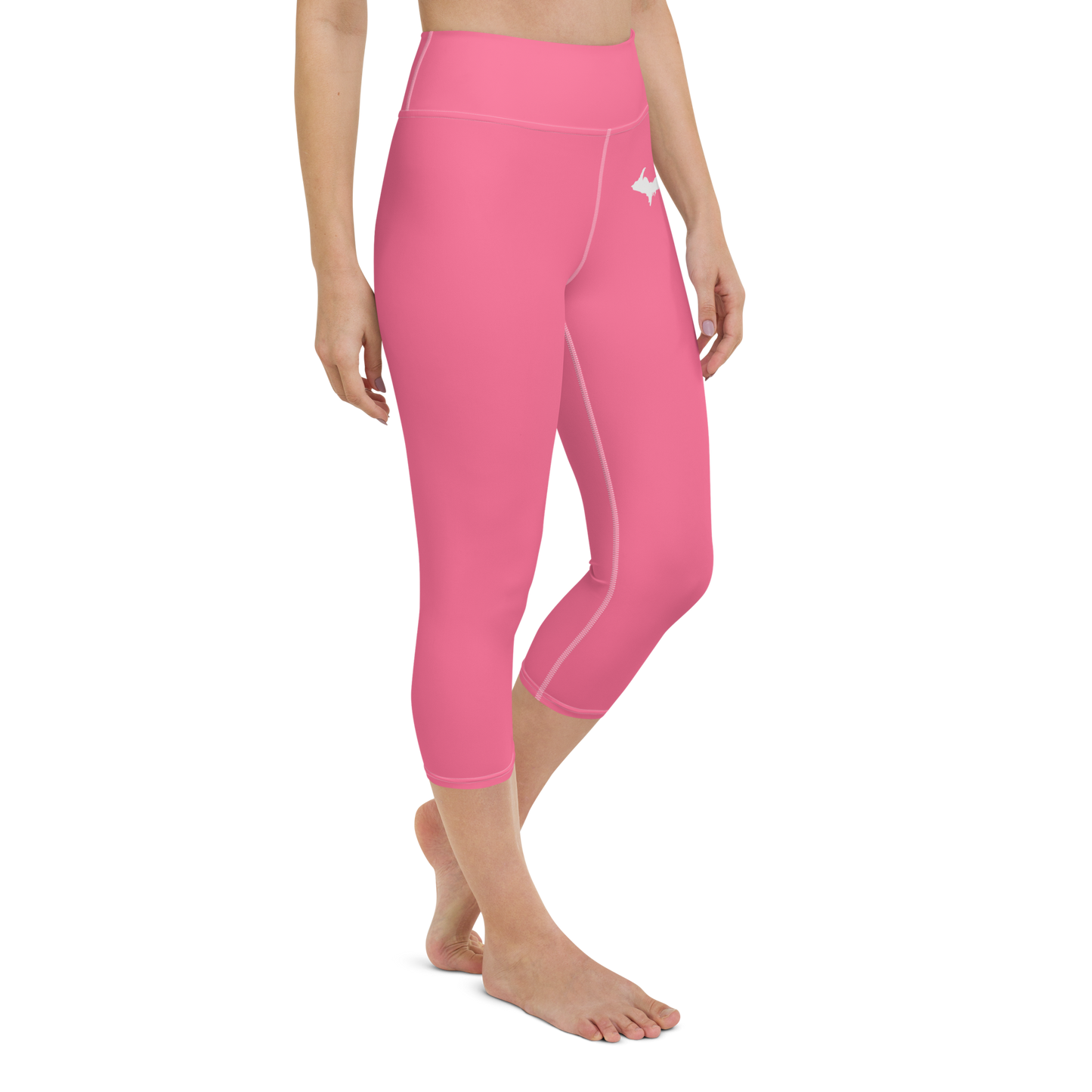 Michigan Upper Peninsula Yoga Capri Leggings (w/ UP Outline) | Rhodochrosite Pink