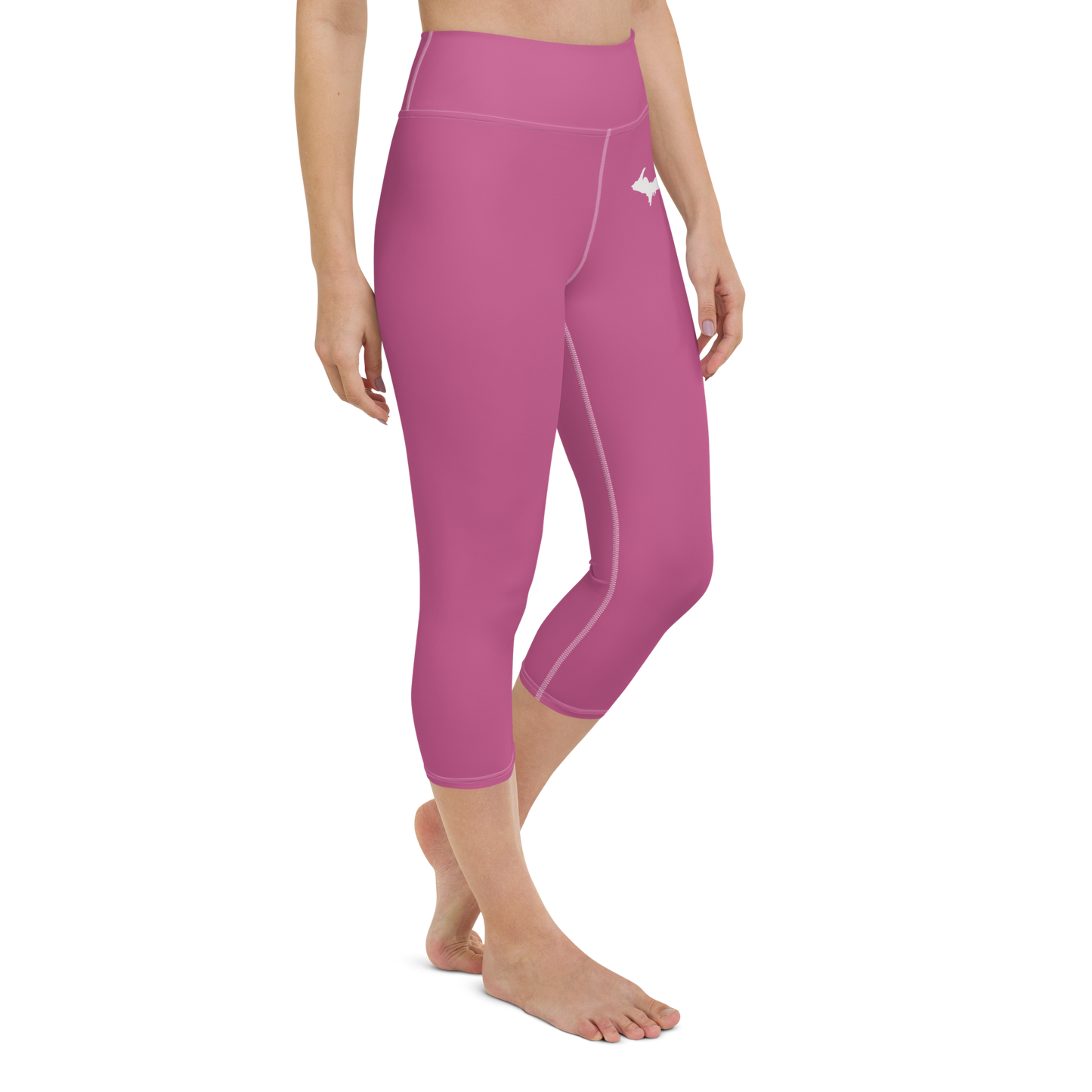 Michigan Upper Peninsula Yoga Capri Leggings (w/ UP Outline) | Apple Blossom Pink