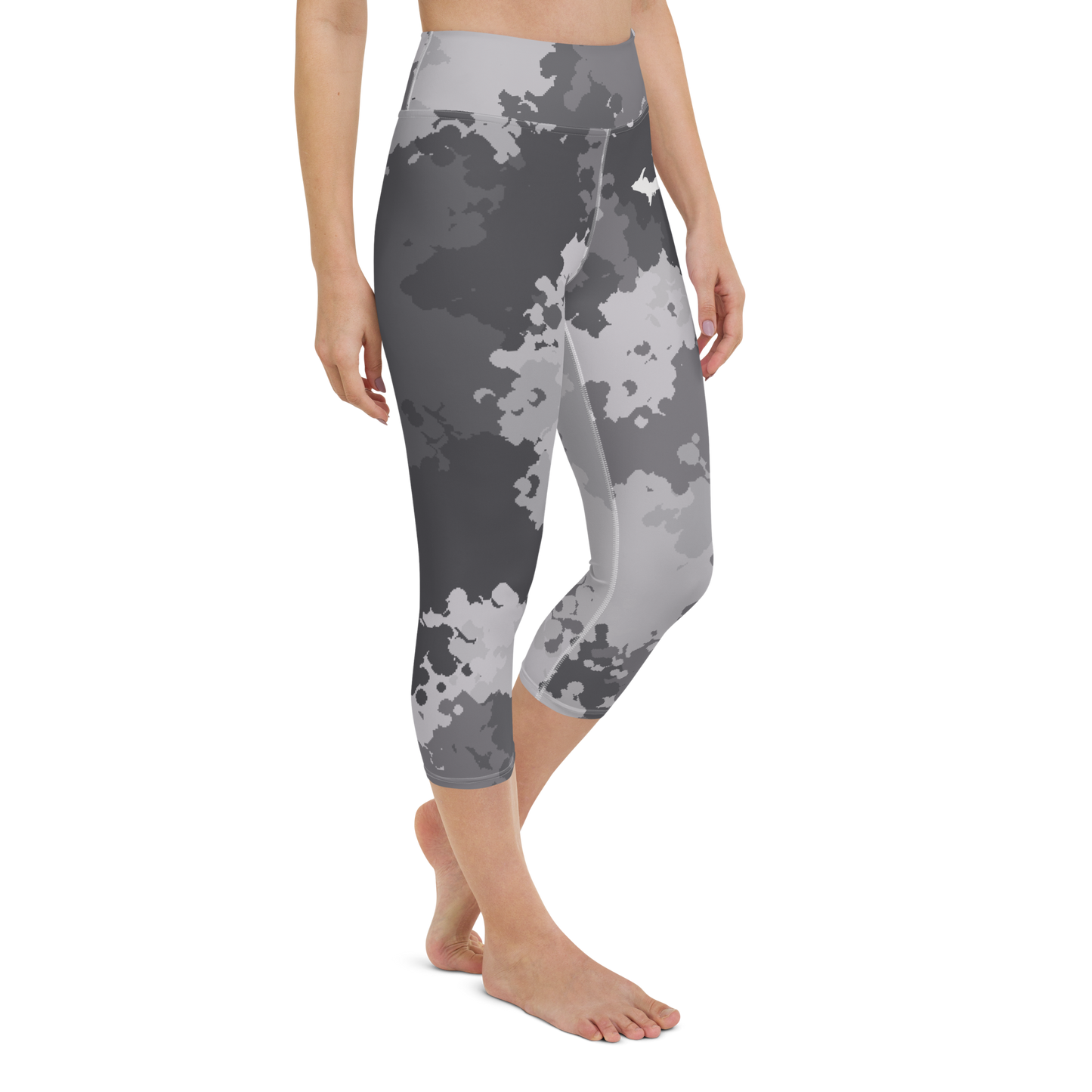 Michigan Upper Peninsula Yoga Capri Leggings (w/ UP Outline) | Iron Ore Grey