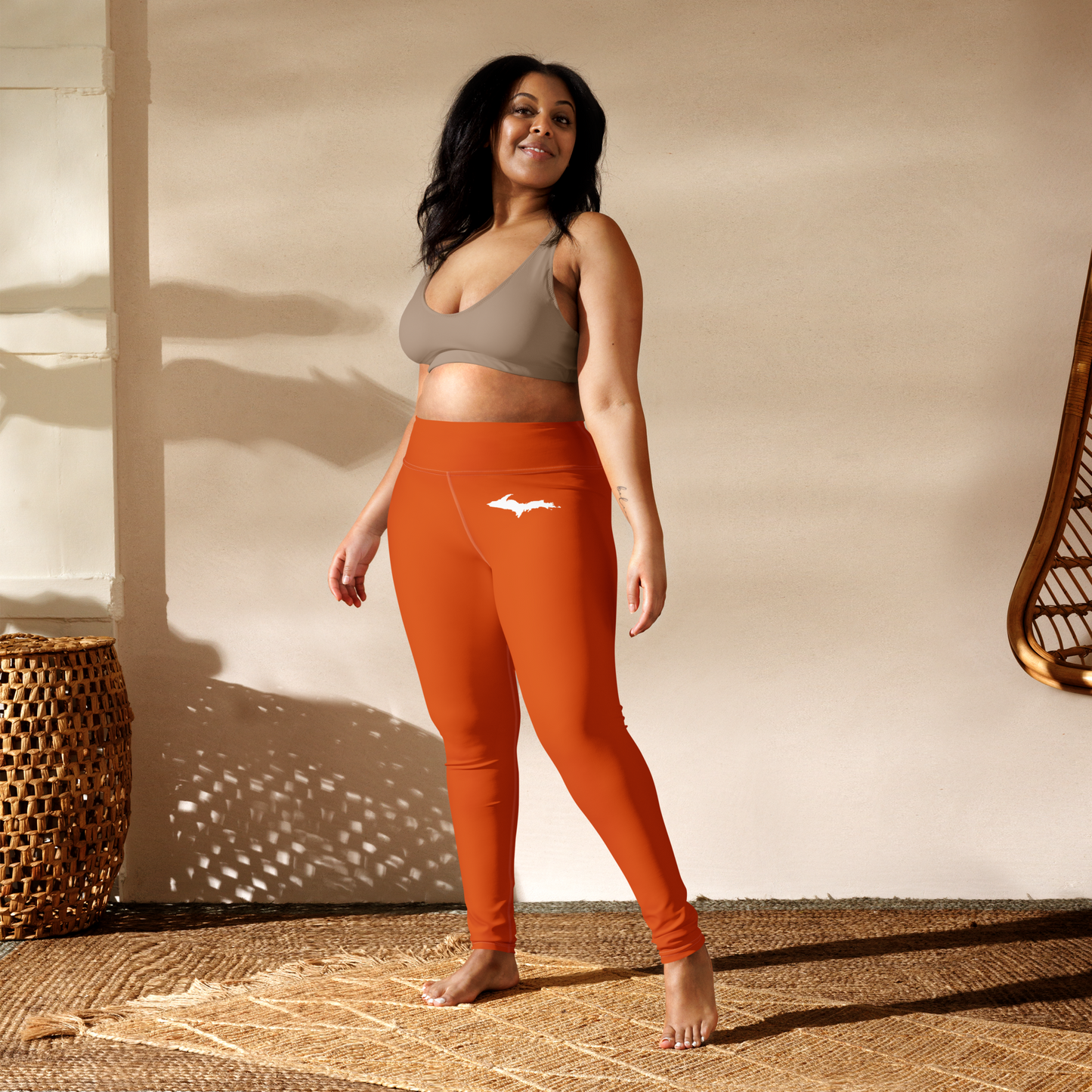 Michigan Upper Peninsula Yoga Leggings (w/ UP Outline) | Maple Leaf Orange