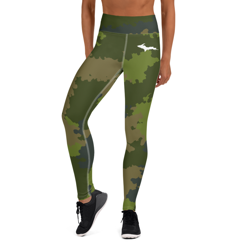 Michigan Upper Peninsula Yoga Leggings (w/ UP Outline) | Woodland Camo