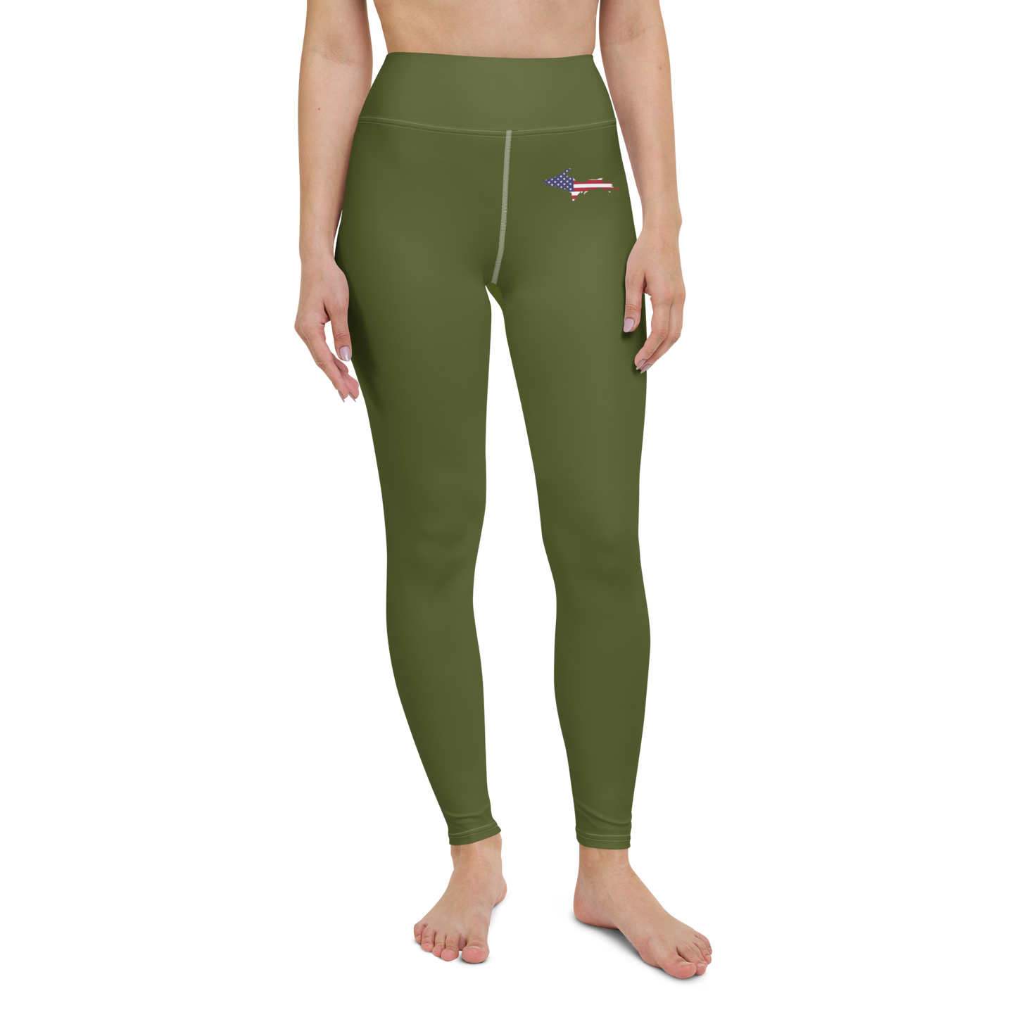 Michigan Upper Peninsula Yoga Leggings (w/ UP USA Flag) | Army Green