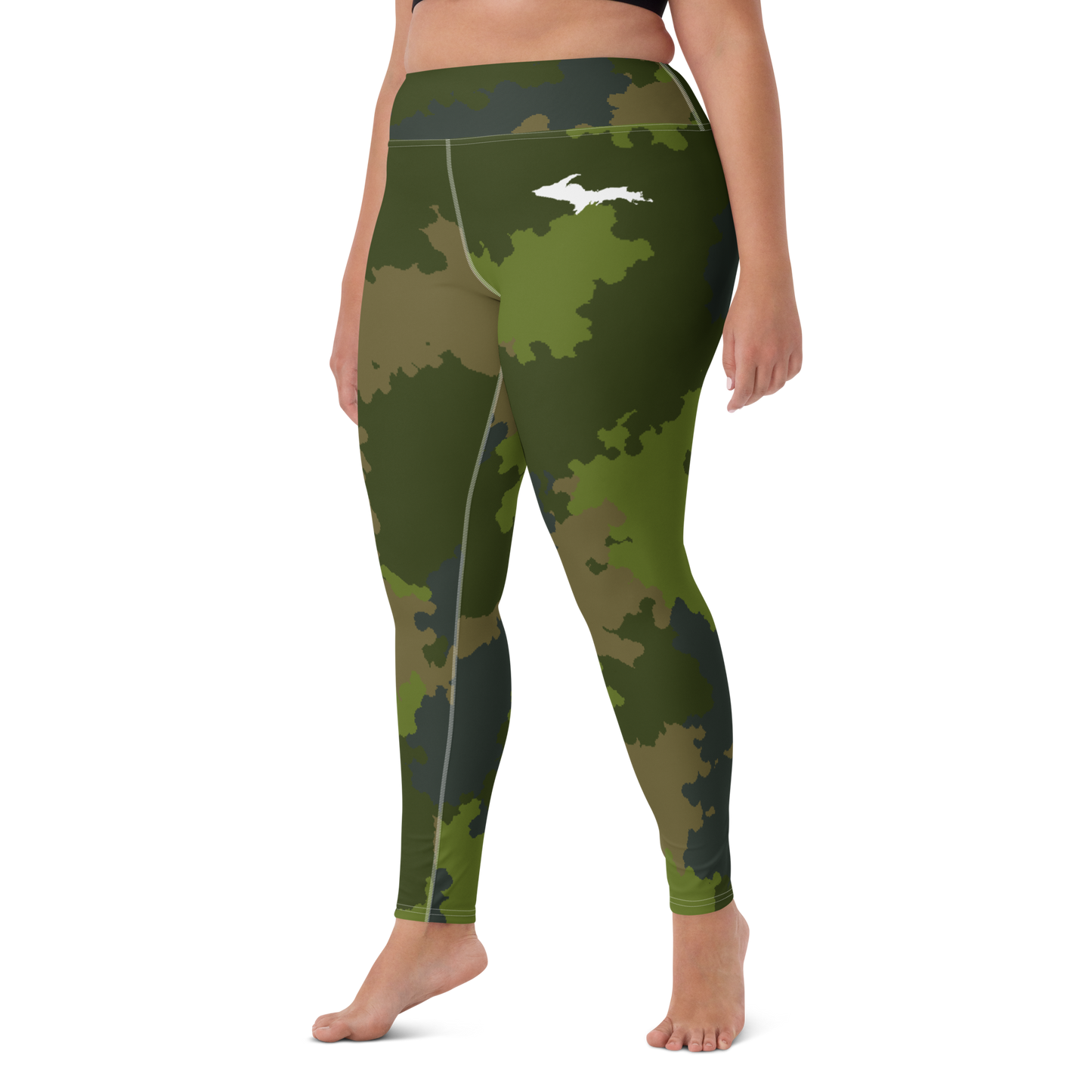 Michigan Upper Peninsula Yoga Leggings (w/ UP Outline) | Woodland Camo