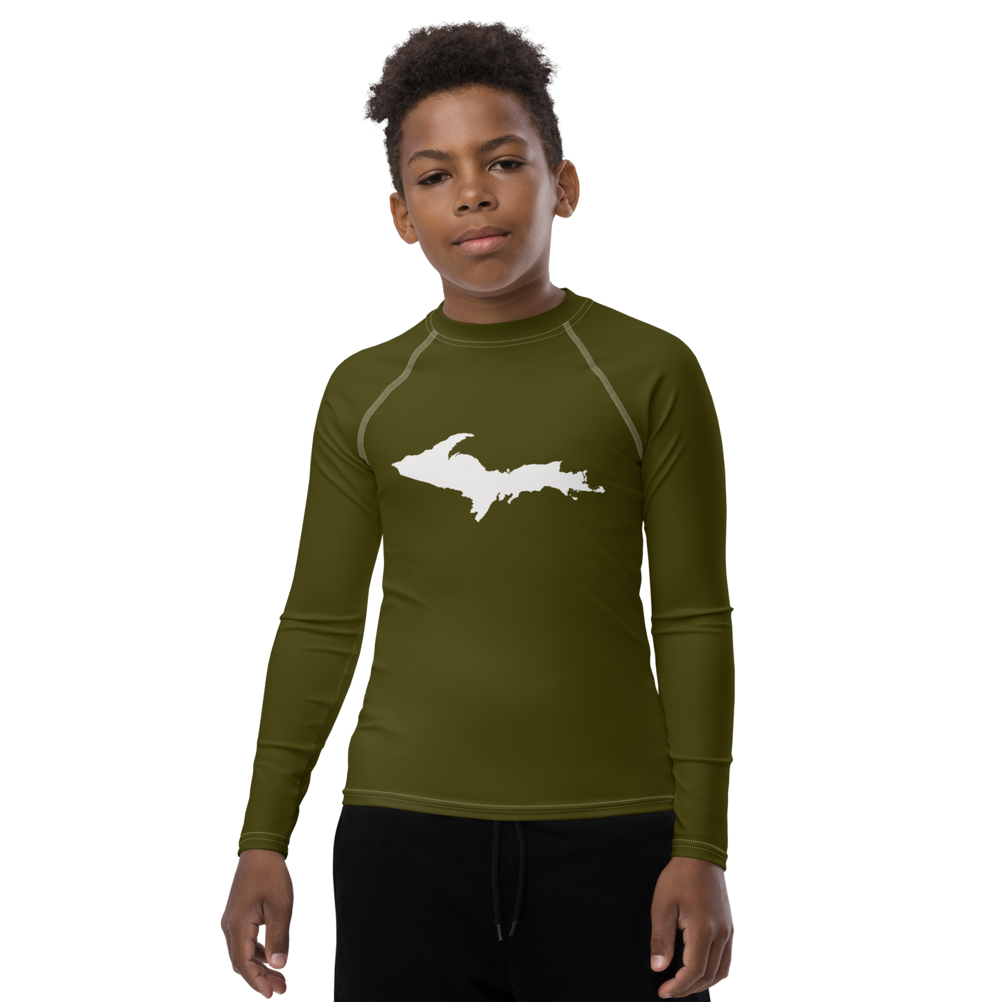 Michigan Upper Peninsula Rash Guard (w/ UP Outline) | Youth - Military Green