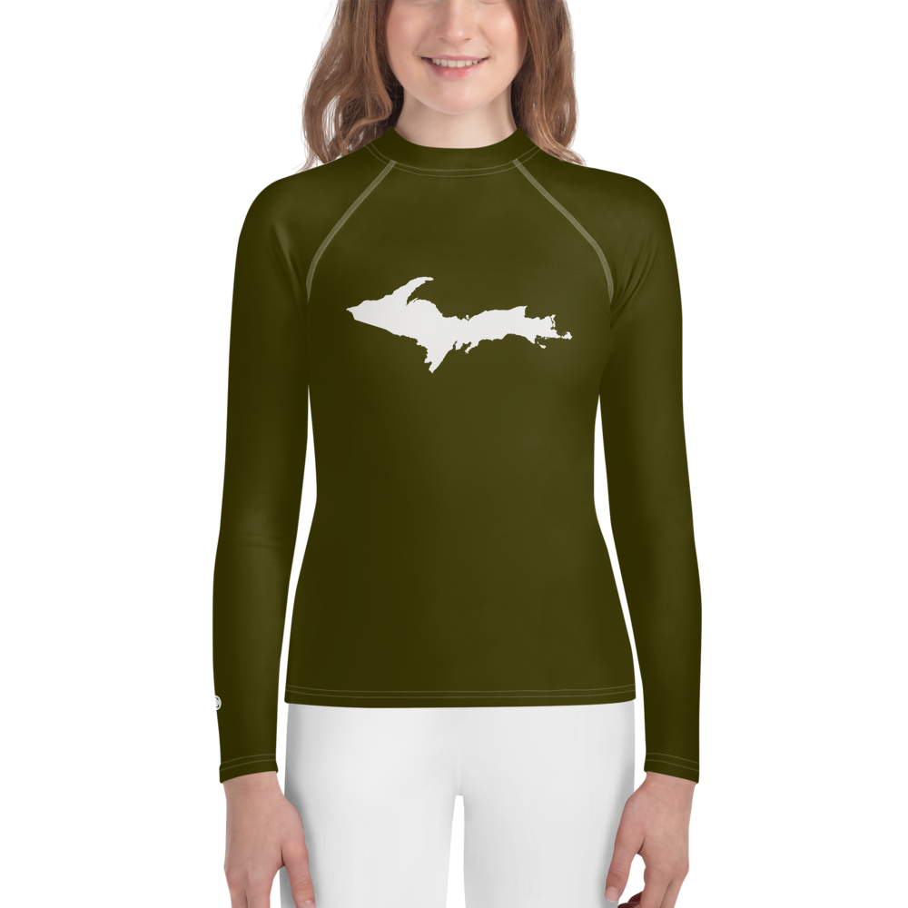 Michigan Upper Peninsula Rash Guard (w/ UP Outline) | Youth - Military Green