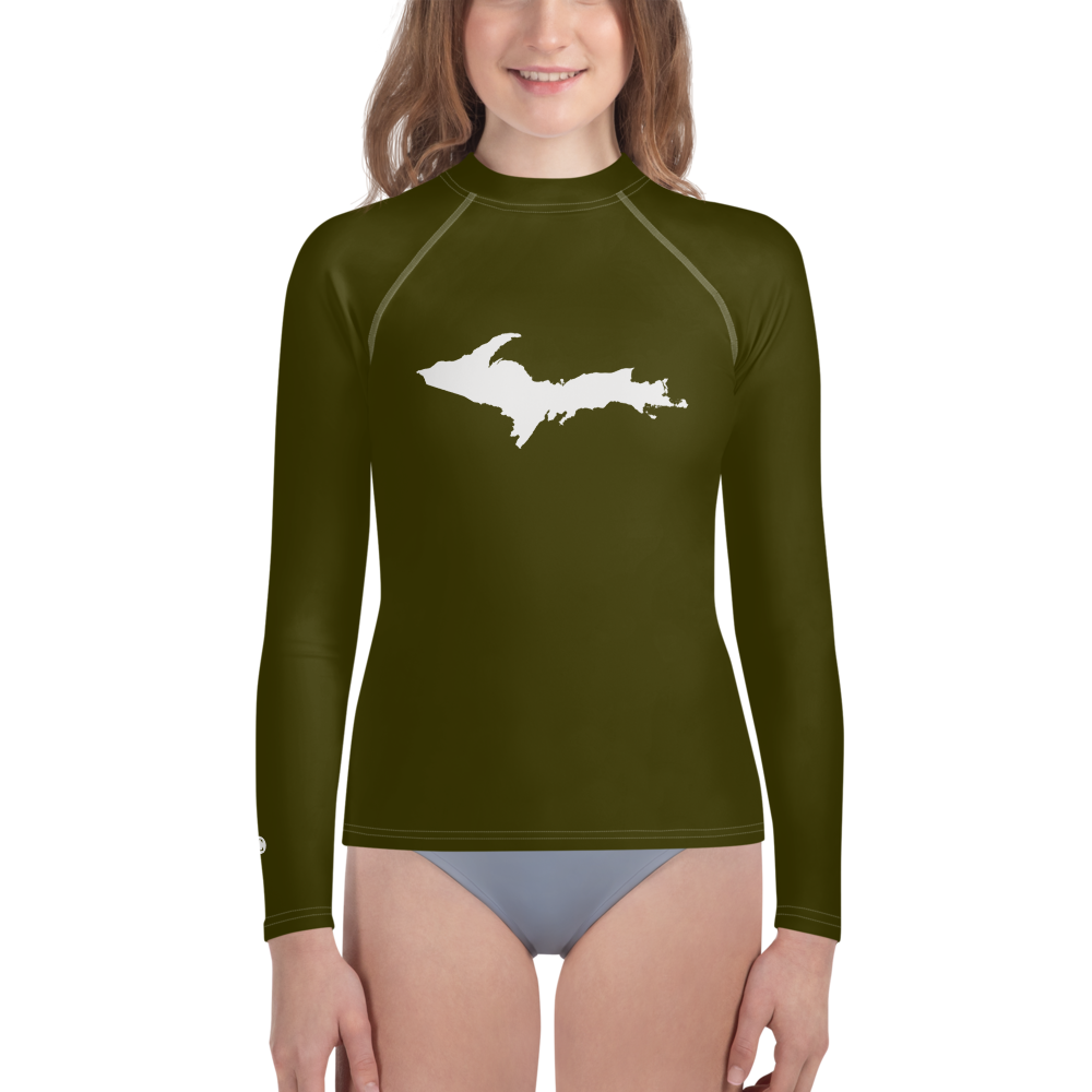 Michigan Upper Peninsula Rash Guard (w/ UP Outline) | Youth - Military Green