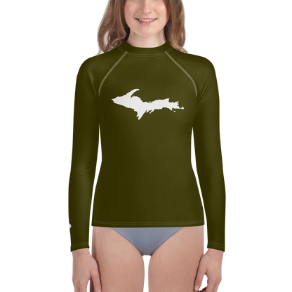 Michigan Upper Peninsula Rash Guard (w/ UP Outline) | Youth - Military Green