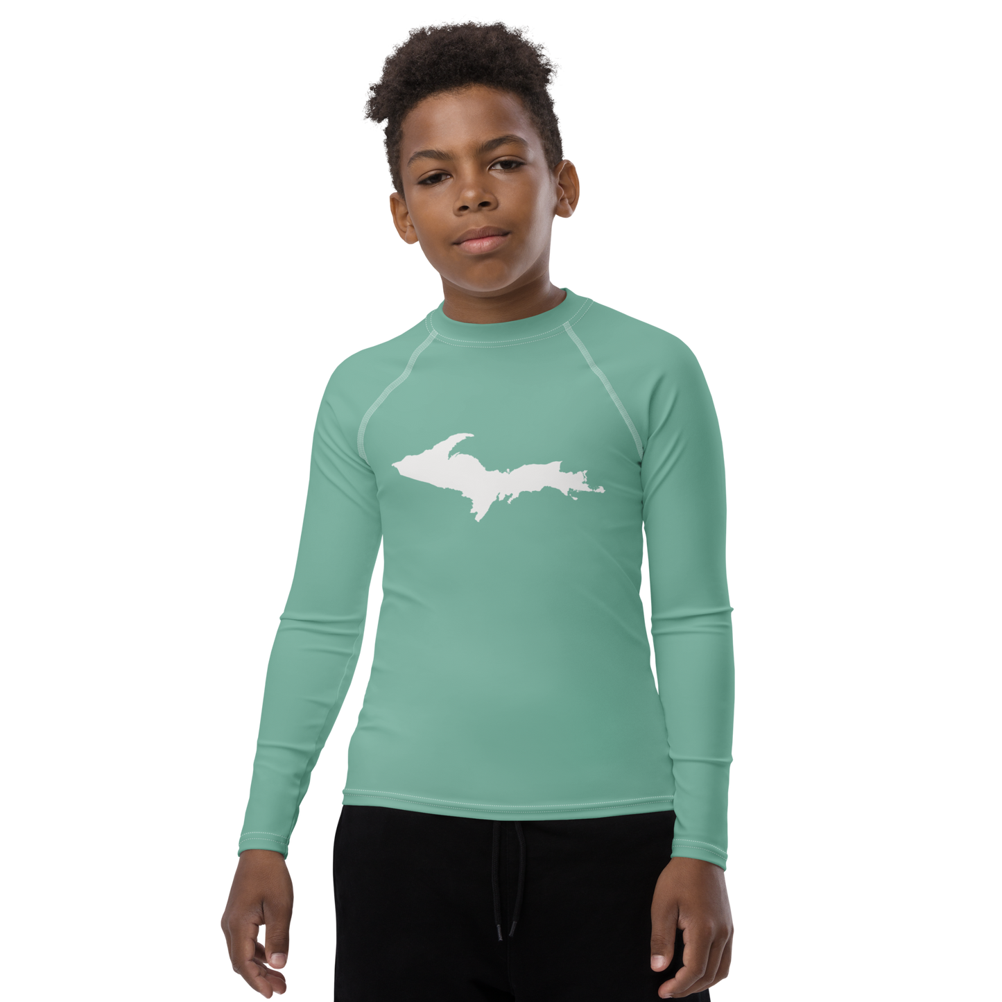 Michigan Upper Peninsula Rash Guard (w/ UP Outline) | Youth - Metallic Mint Green