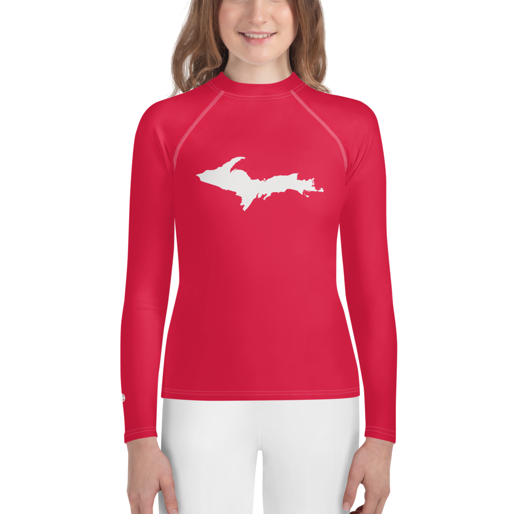 Michigan Upper Peninsula Rash Guard (w/ UP Outline) | Youth - Lighthouse Red