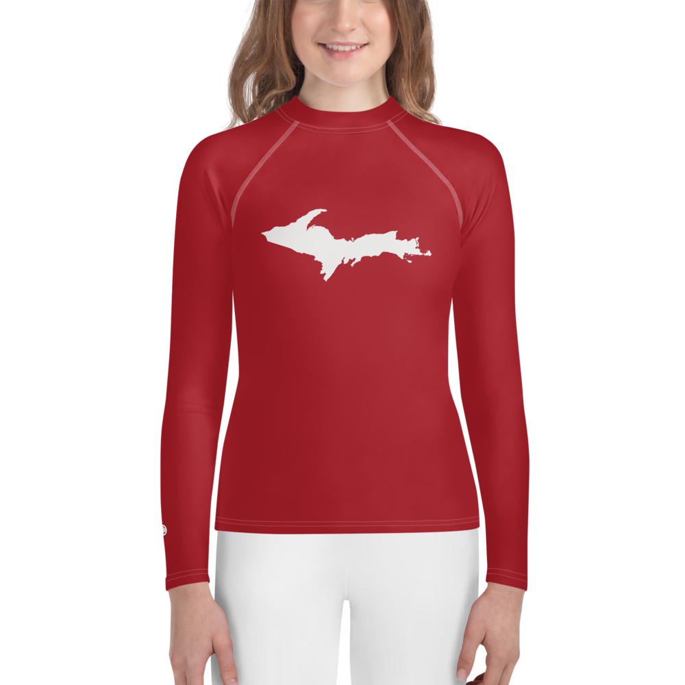 Michigan Upper Peninsula Rash Guard (w/ UP Outline) | Youth - Thimbleberry Red