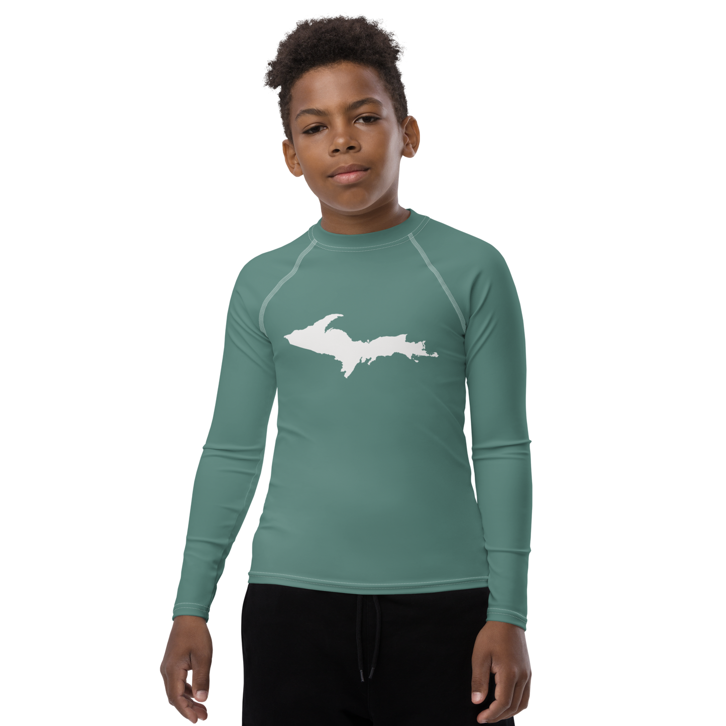 Michigan Upper Peninsula Rash Guard (w/ UP Outline) | Youth - Copper Green