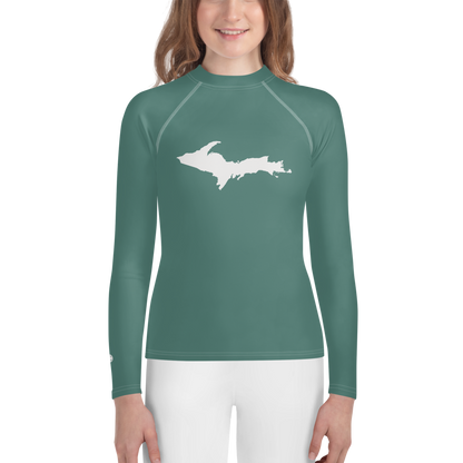 Michigan Upper Peninsula Rash Guard (w/ UP Outline) | Youth - Copper Green