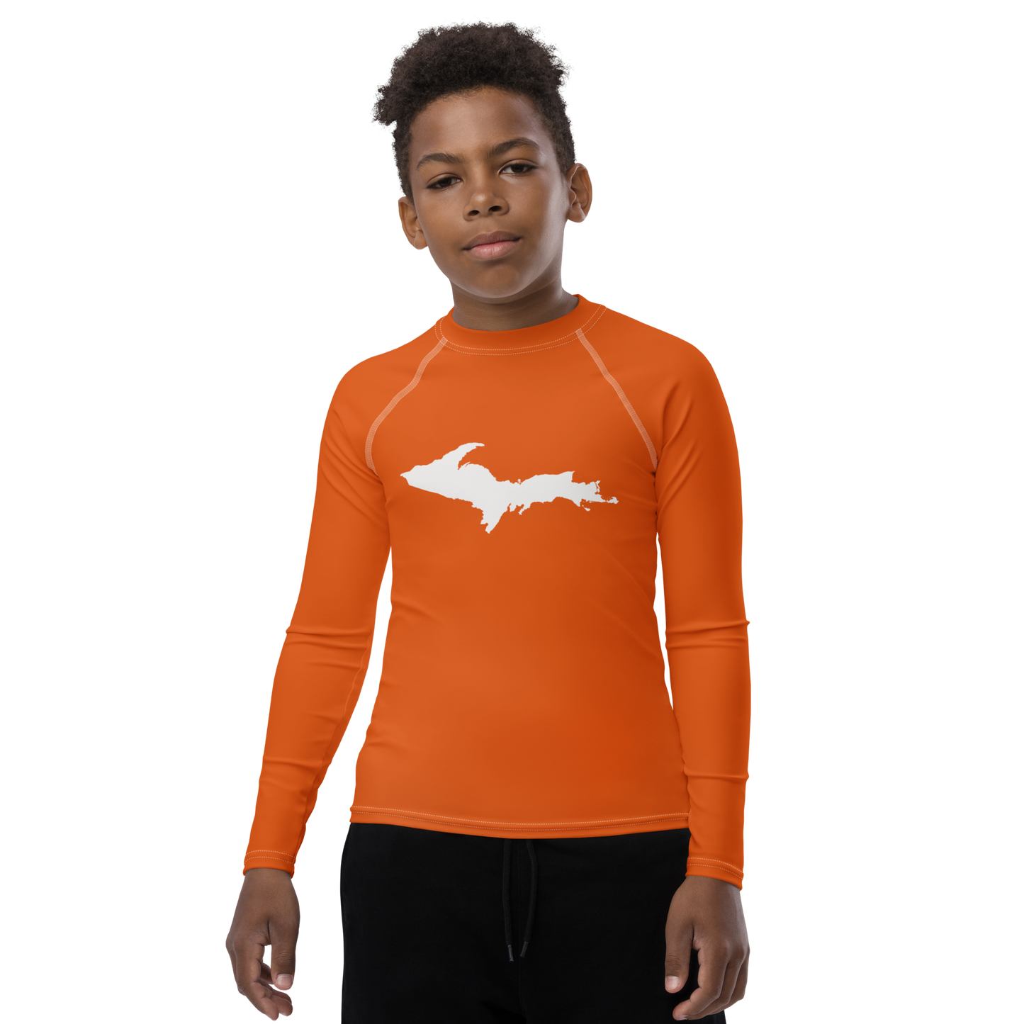 Michigan Upper Peninsula Rash Guard (w/ UP Outline) | Youth - Maple Leaf Orange