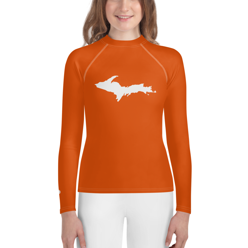 Michigan Upper Peninsula Rash Guard (w/ UP Outline) | Youth - Maple Leaf Orange