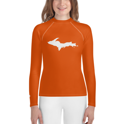 Michigan Upper Peninsula Rash Guard (w/ UP Outline) | Youth - Maple Leaf Orange