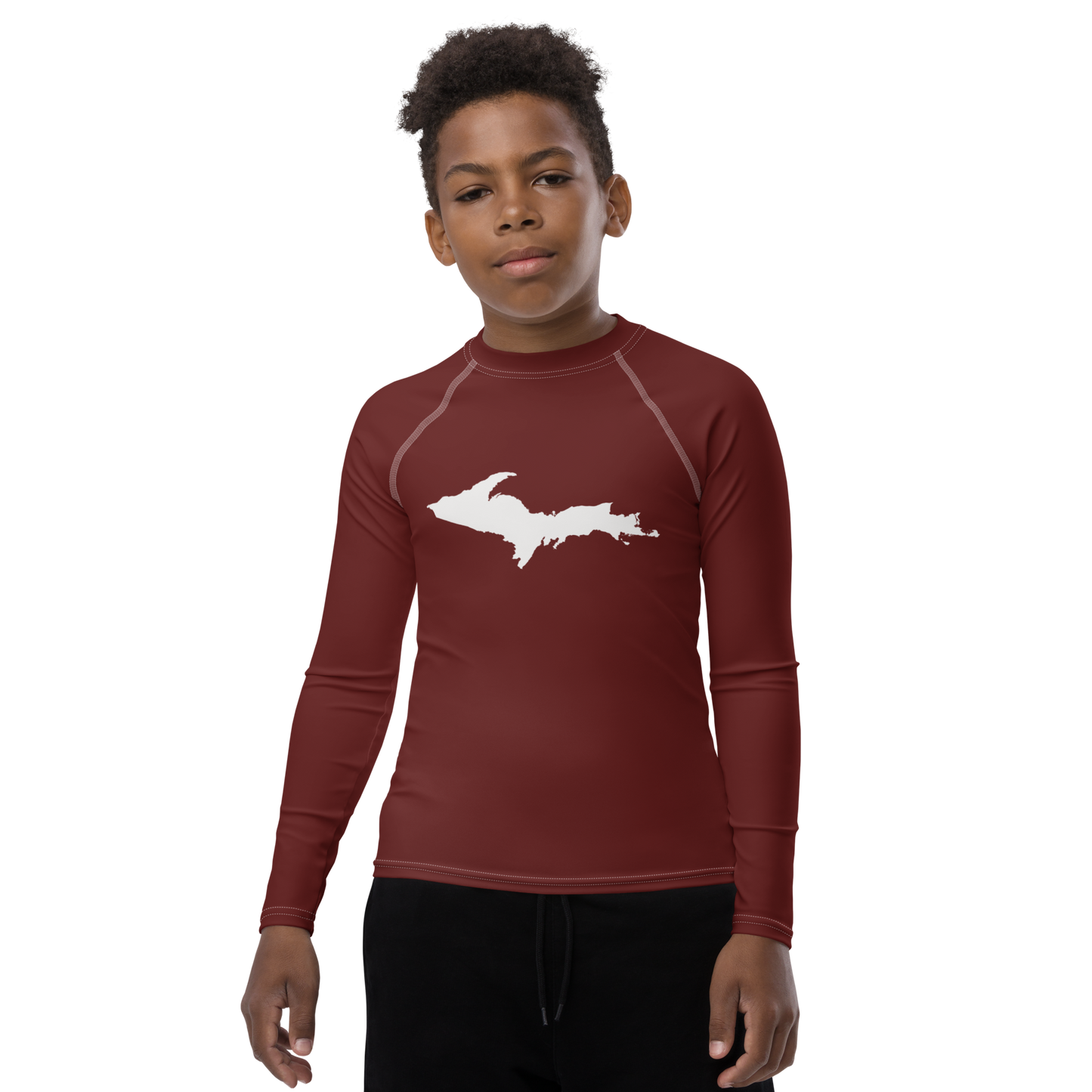 Michigan Upper Peninsula Rash Guard (w/ UP Outline) | Youth - Cherrywood Color