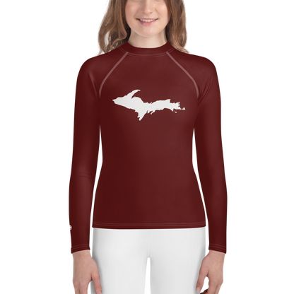 Michigan Upper Peninsula Rash Guard (w/ UP Outline) | Youth - Cherrywood Color