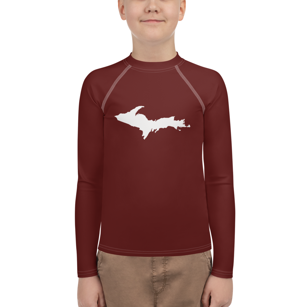 Michigan Upper Peninsula Rash Guard (w/ UP Outline) | Youth - Cherrywood Color