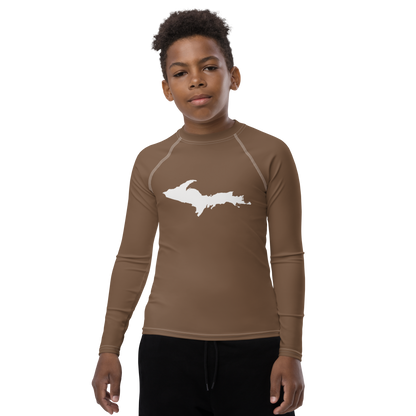 Michigan Upper Peninsula Rash Guard (w/ UP Outline) | Youth - Coffee Color