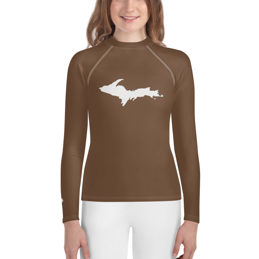 Michigan Upper Peninsula Rash Guard (w/ UP Outline) | Youth - Coffee Color