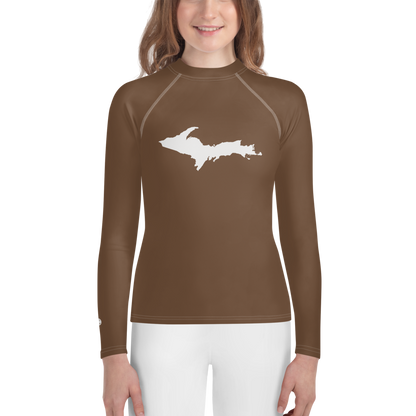 Michigan Upper Peninsula Rash Guard (w/ UP Outline) | Youth - Coffee Color