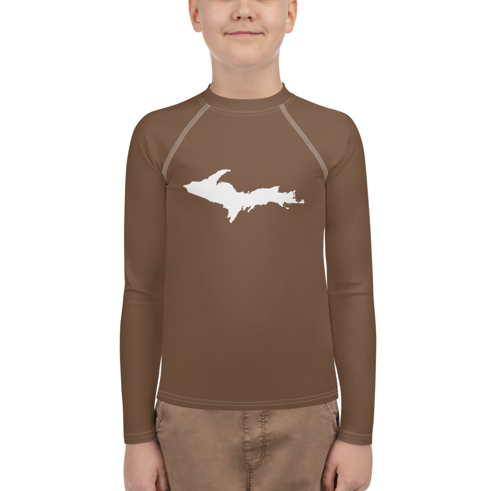 Michigan Upper Peninsula Rash Guard (w/ UP Outline) | Youth - Coffee Color