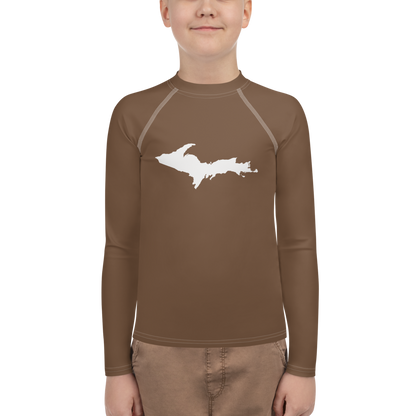 Michigan Upper Peninsula Rash Guard (w/ UP Outline) | Youth - Coffee Color