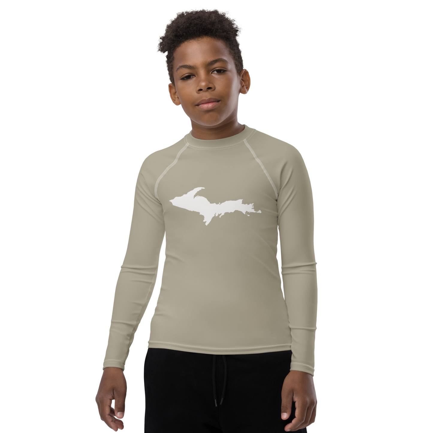 Michigan Upper Peninsula Rash Guard (w/ UP Outline) | Youth - Petoskey Stone Beige