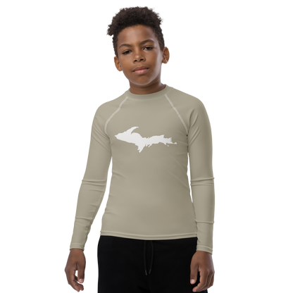 Michigan Upper Peninsula Rash Guard (w/ UP Outline) | Youth - Petoskey Stone Beige