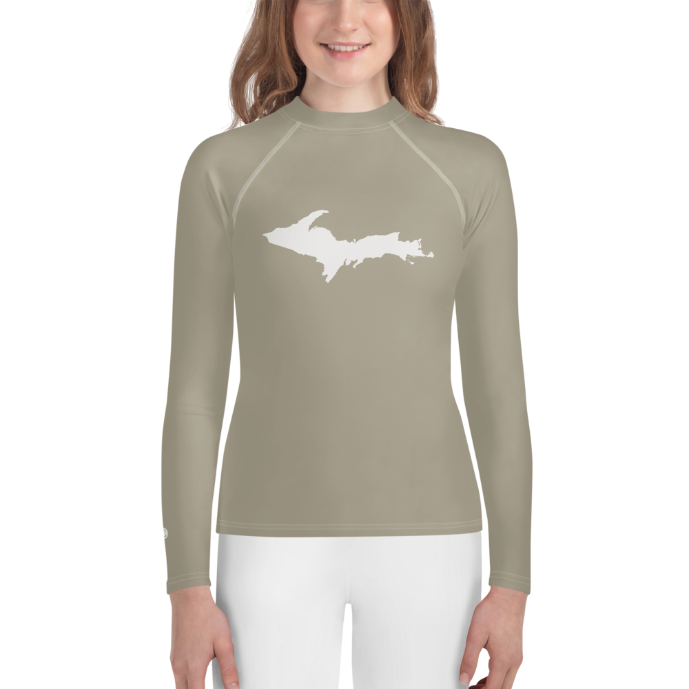 Michigan Upper Peninsula Rash Guard (w/ UP Outline) | Youth - Petoskey Stone Beige