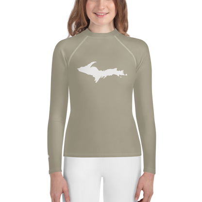 Michigan Upper Peninsula Rash Guard (w/ UP Outline) | Youth - Petoskey Stone Beige