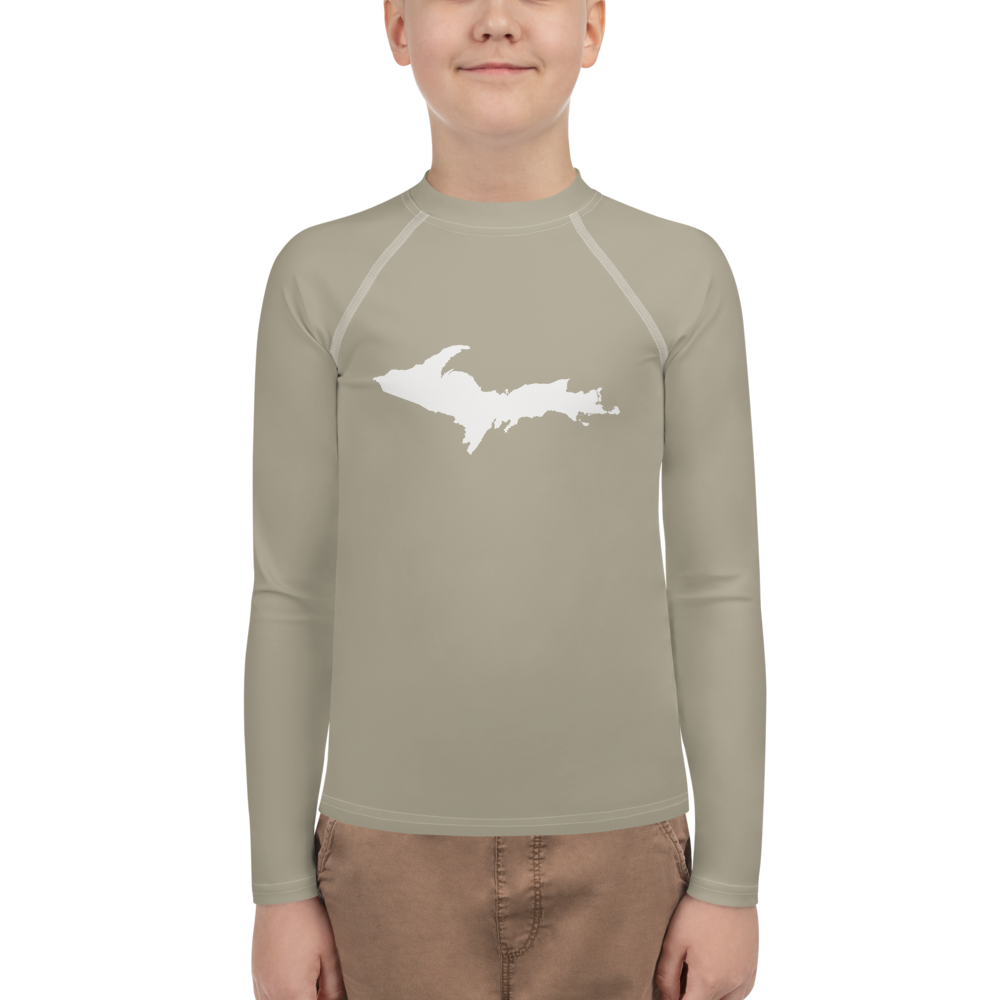 Michigan Upper Peninsula Rash Guard (w/ UP Outline) | Youth - Petoskey Stone Beige