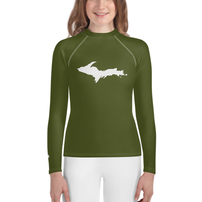 Michigan Upper Peninsula Rash Guard (w/ UP Outline) | Youth - Army Green