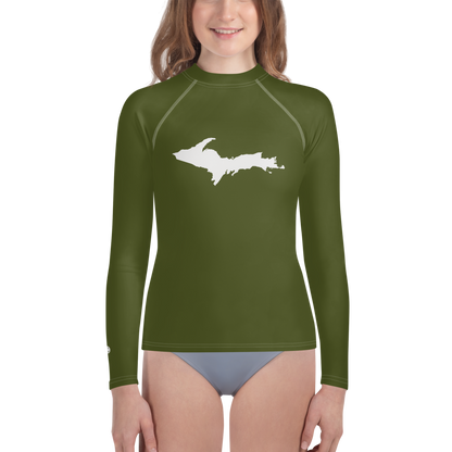 Michigan Upper Peninsula Rash Guard (w/ UP Outline) | Youth - Army Green