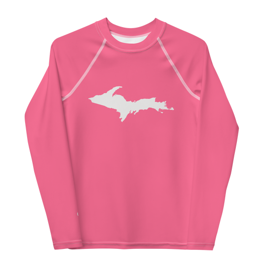 Michigan Upper Peninsula Rash Guard (w/ UP Outline) | Youth - Rhodochrosite Pink