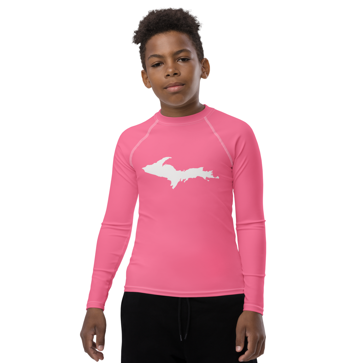 Michigan Upper Peninsula Rash Guard (w/ UP Outline) | Youth - Rhodochrosite Pink