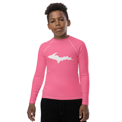 Michigan Upper Peninsula Rash Guard (w/ UP Outline) | Youth - Rhodochrosite Pink