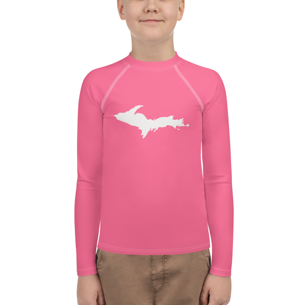 Michigan Upper Peninsula Rash Guard (w/ UP Outline) | Youth - Rhodochrosite Pink