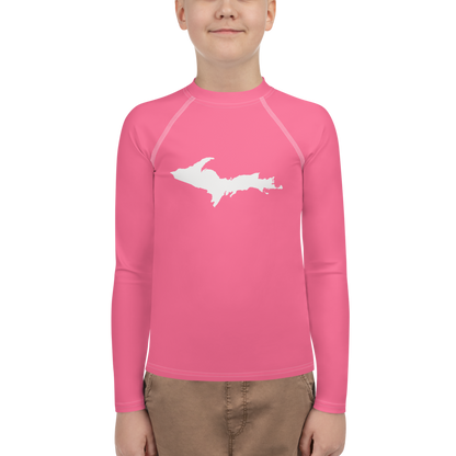 Michigan Upper Peninsula Rash Guard (w/ UP Outline) | Youth - Rhodochrosite Pink